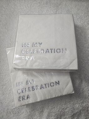 Spritz White Party Napkins with Holographic Silver Text 'In My Celebration Era'